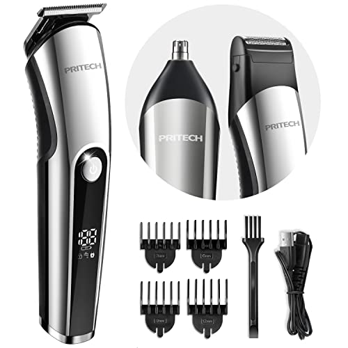 PRITECH Beard Trimmer for Men, 3 in 1 Hair Clippers for Men Kit, Nose,Ear,Micro Electric Shaver, Mens Grooming Set Cordless with LED Display IPX6 Waterproof (Silver) - Image 1