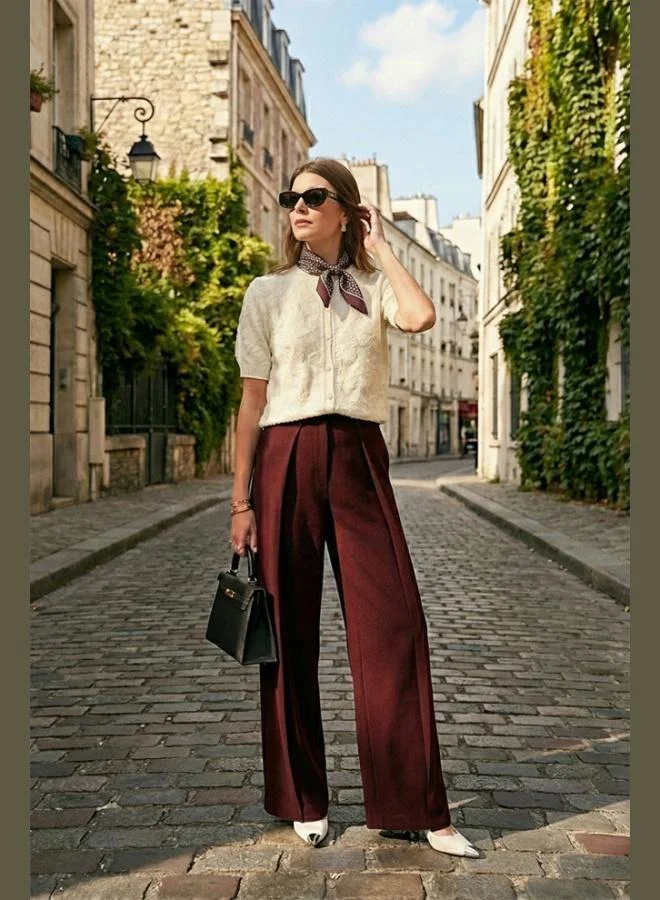 ليلا بنطلون نسائي واسع الساق بخصر عالٍ وتفاصيل طيات وأزرار