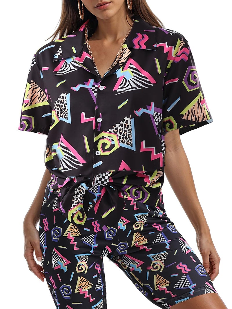 WILDPARTY 80s 90s Outfit for Women Retro Theme Party Disco Outfit Hip Hop Costume Button Up Blouse Tops Casual Short Sleeve Hawaiian Vintage 6PCS Black-2XL - Image 2