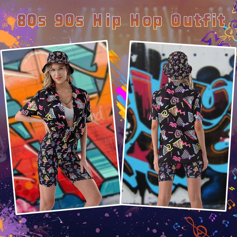 WILDPARTY 80s 90s Outfit for Women Retro Theme Party Disco Outfit Hip Hop Costume Button Up Blouse Tops Casual Short Sleeve Hawaiian Vintage 6PCS Black-2XL - Image 5