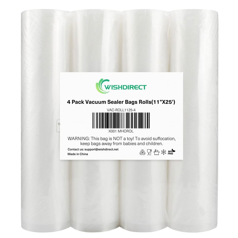 WishDirect Vacuum Sealer Bags Rolls Compatible with FoodSaver 4Pack 11 x 25 Vacuum Seal Rolls Fit Inside Machine DoubleSide Embossed BPAFree Bags for Sous Vide or Food Storage Total 100 Feet