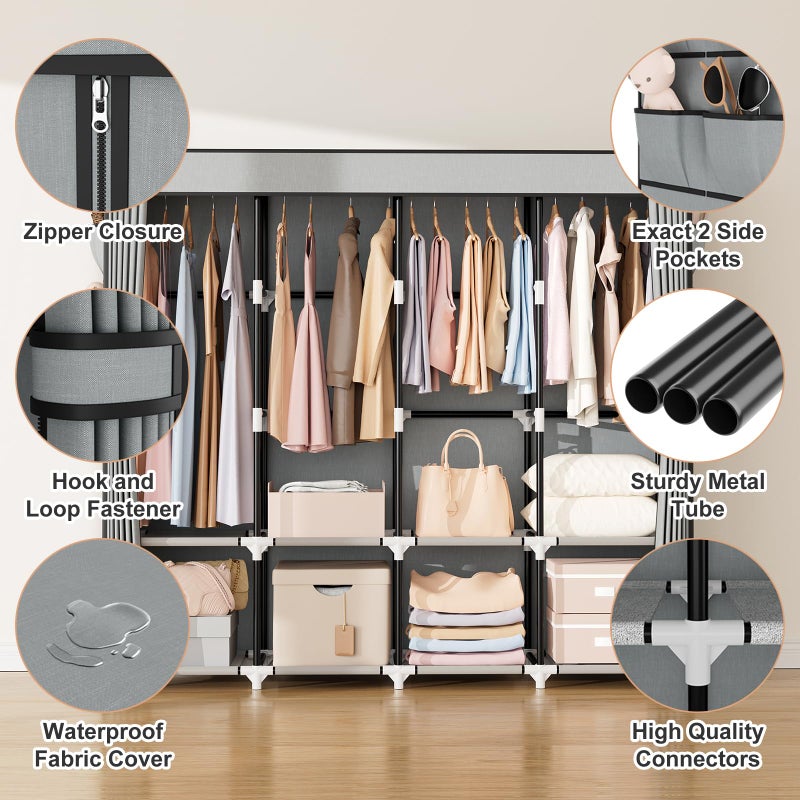 VTRIN Portable Closet for Hanging Clothes 67 Inch Wide Large Capacity Portable Wardrobe Closet with Cover, 4 Storage Shelves and 4 Hanging Rod Sturdy Free Standing Closet for Bedroom, Grey - Image 4