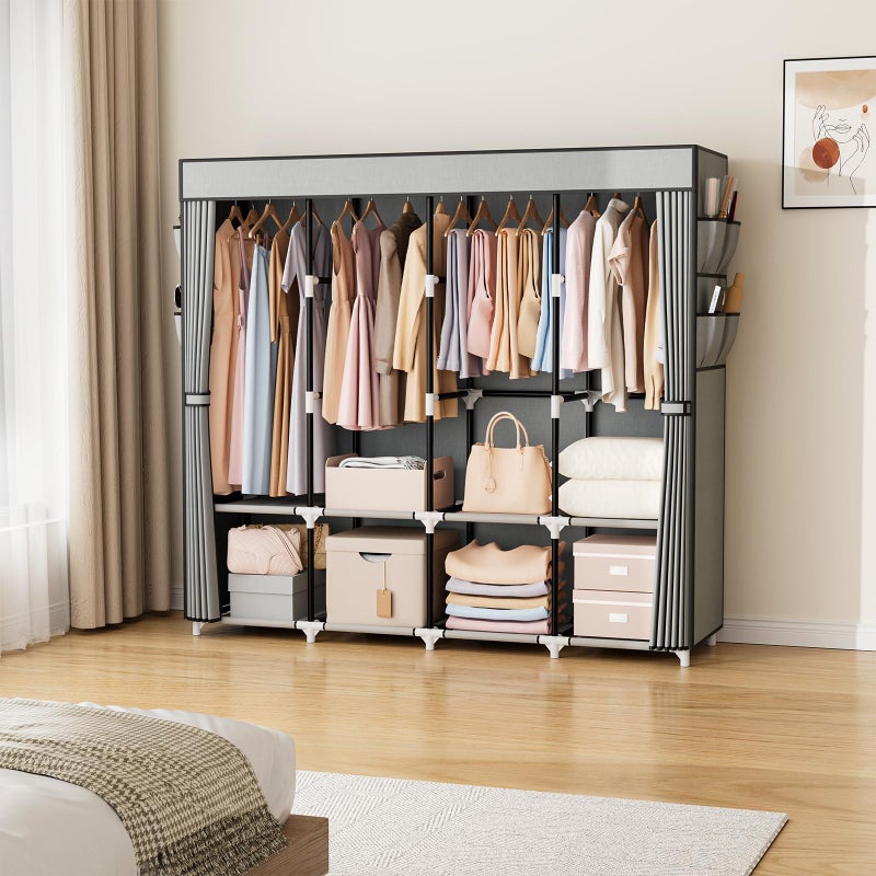 VTRIN Portable Closet for Hanging Clothes 67 Inch Wide Large Capacity Portable Wardrobe Closet with Cover, 4 Storage Shelves and 4 Hanging Rod Sturdy Free Standing Closet for Bedroom, Grey - Image 2