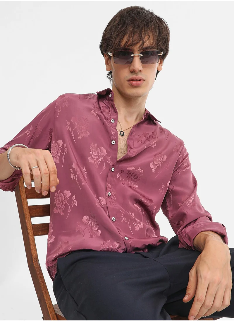 كامبوس سوترا Men's Rouge Pink Self-Design Floral Shirt