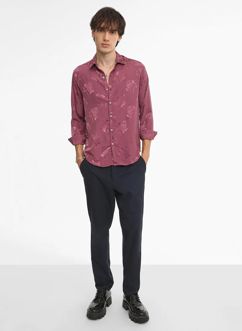 Campus Sutra Men's Rouge Pink Self-Design Floral Shirt