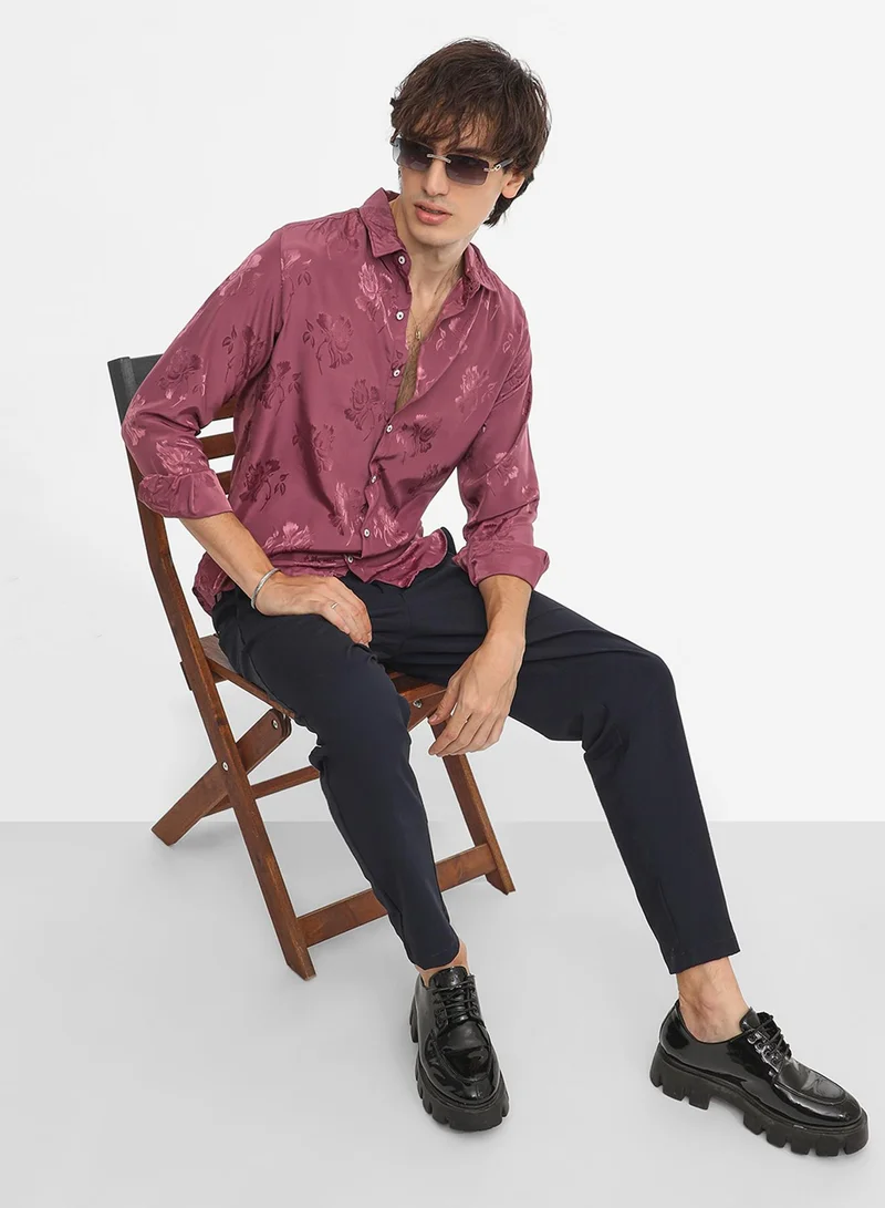 Campus Sutra Men's Rouge Pink Self-Design Floral Shirt