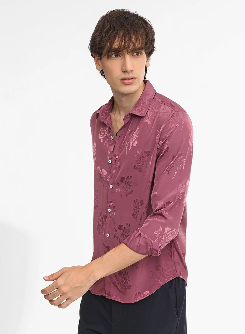Campus Sutra Men's Rouge Pink Self-Design Floral Shirt