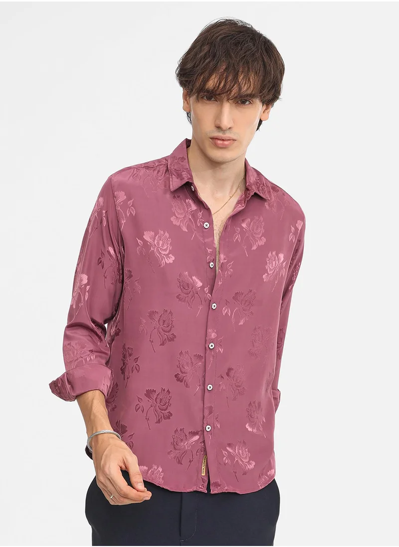 كامبوس سوترا Men's Rouge Pink Self-Design Floral Shirt