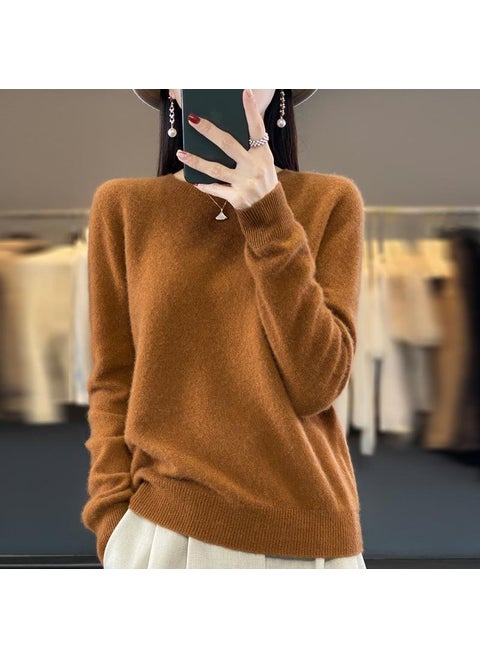 Womens Pure Wool Round Neck Versatile Knitted Top Sweater Seamless Base Layer Top Fashionable Ladies Clothing Caramel