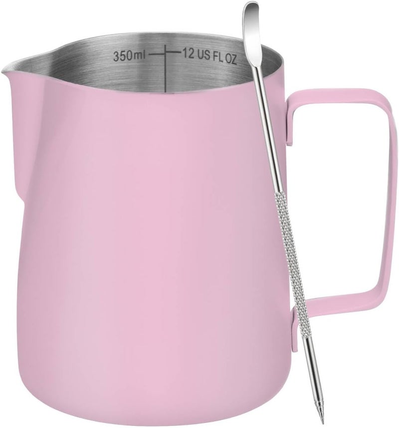 Amrules Milk Frothing Pitcher, 12 oz Milk Frother Cup with Clear Scale, 304 Stainless Steel Cappuccino Espresso Machine Accessories for Barista Coffee Bar with Latte Art Pen, Pink - Image 1