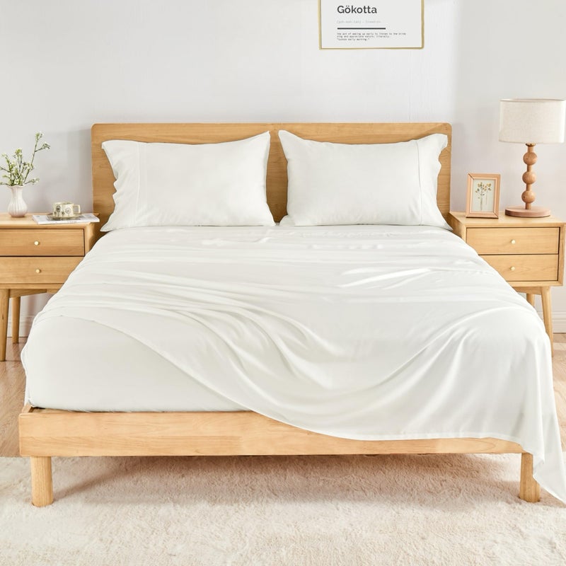 GOKOTTA Queen Size Bed Sheets 4 Piece Set 100 Rayon Derived from Bamboo Cooling for Hot SleepersLuxury Breathable Soft Sheets Deep Pocket 16 Fitted Sheet with Elastic Corner Straps Cream White