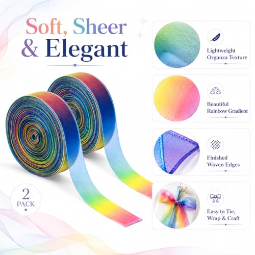 Shappy 2 Pack Rainbow Sheer Organza Ribbon, 1 Inch x 50 Yard Chiffon Ribbon for Wedding Bouquet, Gift Wrapping, Bridal Shower, Party Decor - Image 3