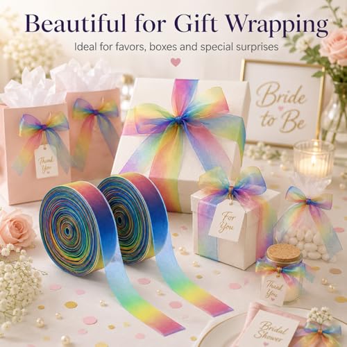Shappy 2 Pack Rainbow Sheer Organza Ribbon, 1 Inch x 50 Yard Chiffon Ribbon for Wedding Bouquet, Gift Wrapping, Bridal Shower, Party Decor - Image 4