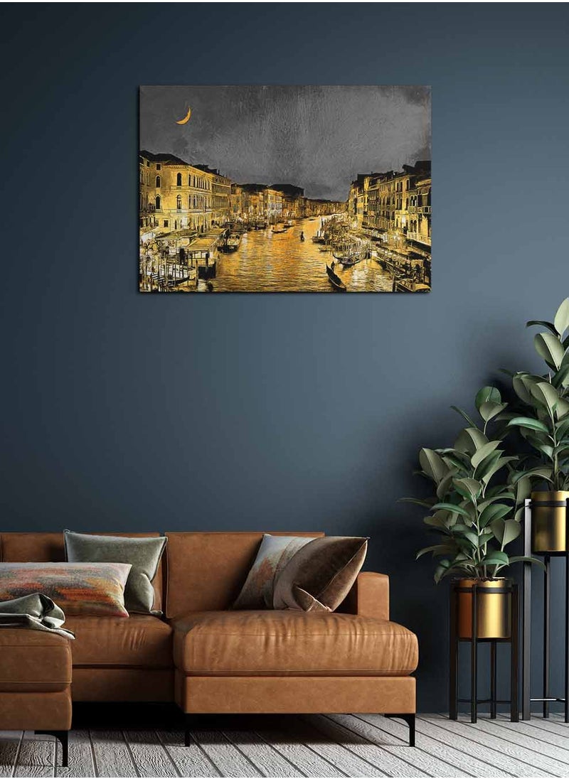 LOWHA Framed Canvas Wall Art Stretched Over Wooden Frame, Venice Night View Landscape Orientation Painting, For Home, Living Room, Office Decor  - Image 2