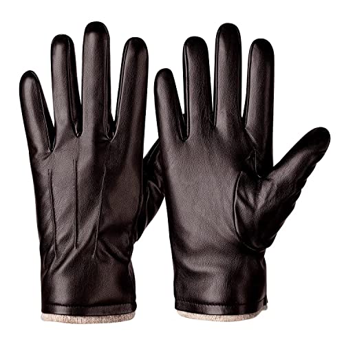 Alepo Winter PU Leather Gloves For Men, Warm Thermal Touchscreen Texting Typing Dress Driving Motorcycle Gloves With Wool Lining (Brown-L) - Image 1