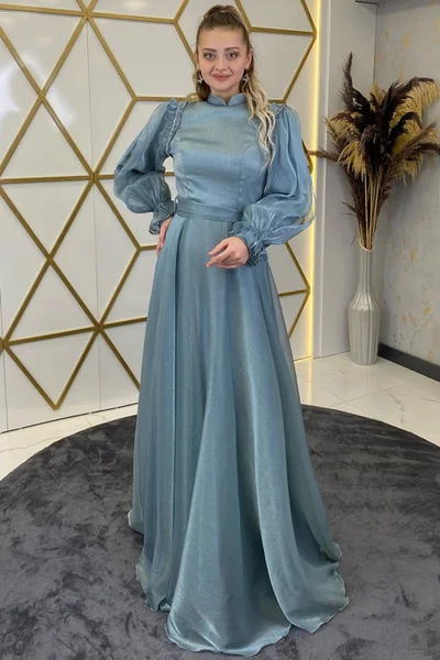 Esilanur Sema Shoulder Stone Hijab Evening Dress Mint