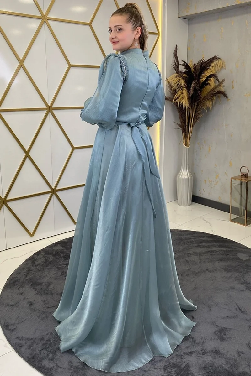 Esilanur Sema Shoulder Stone Hijab Evening Dress Mint