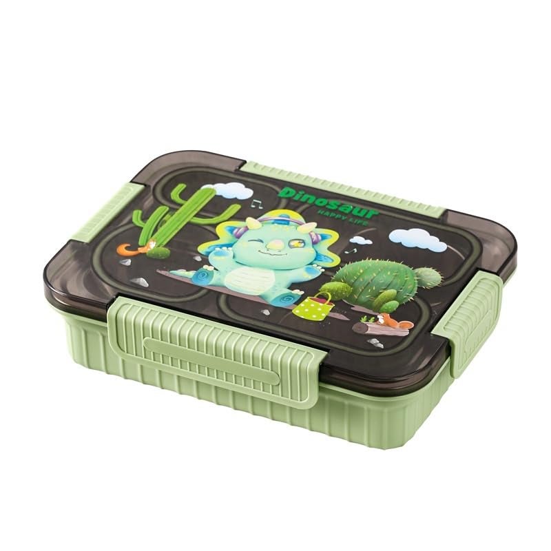 Lunch Box for Students - Stainless Steel Insulated Lunch Box with 3 Compartment, Cup, Spoon & fork, Microwavable & Leak Proof, Portable Food Container 900+150ml (Green, Dinosaur)