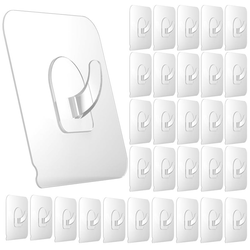 Ninth Five 30 Pack Adhesive Hooks for Hanging, 33lb Heavy Duty Wall Hooks, Clear Plastic Sticky Utility Hook for Home Kitchen Bathroom Office Use - Image 1