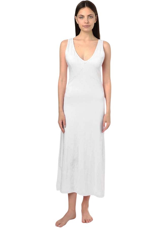 Dahab Cotton Plain Sleeveless V-Neck Full Slip For Women-White - Image 2