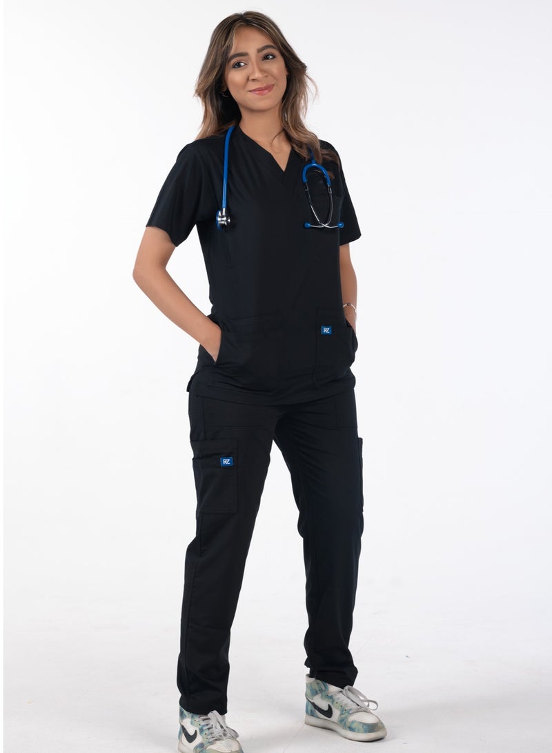 RZ RZ1 Women's Black Medical Scrub, Soft and Comfortable Lycra Polyester Blend, 2 Piece Set, Ideal for Medical Environments.  - Image 1