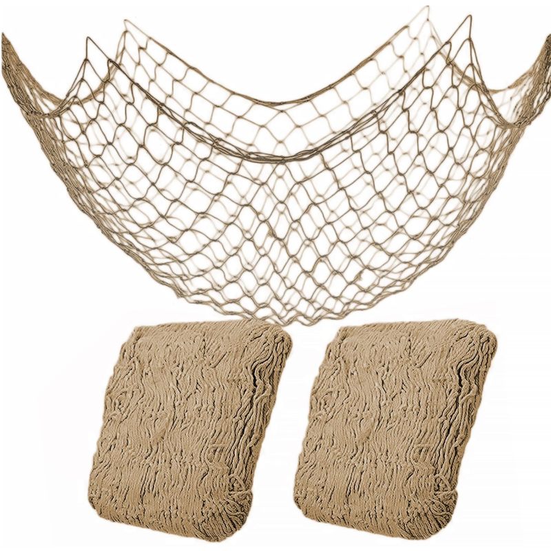 Decorative Fish Net: 2-Pack 100 X 200 Cm Khaki Soft Cotton - Nautical Escape Backdrop Fishing Net Decor for Pirate Beach Undersea Party Home Decor - Image 1
