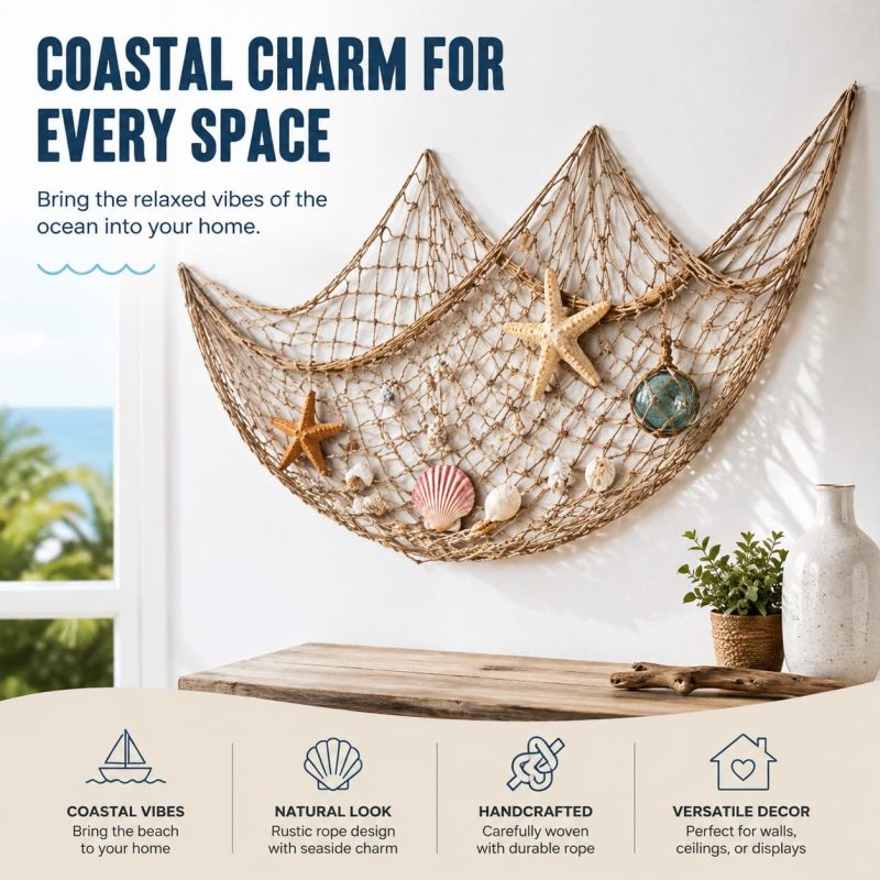Decorative Fish Net: 2-Pack 100 X 200 Cm Khaki Soft Cotton - Nautical Escape Backdrop Fishing Net Decor for Pirate Beach Undersea Party Home Decor - Image 4