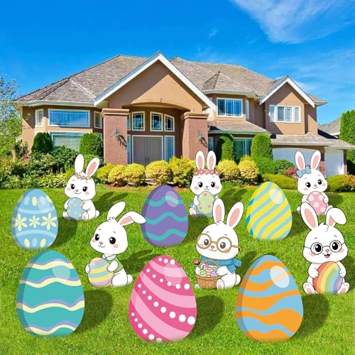 PhyLence 12-Piece Easter Bunny Yard Signs with Stakes Decorations – 6 Cute Rabbits & 6 Colorful Eggs 30 cm Large Outdoor Easter Lawn Signs for Garden, Driveway, Yard, and Spring Party Décor - Image 1