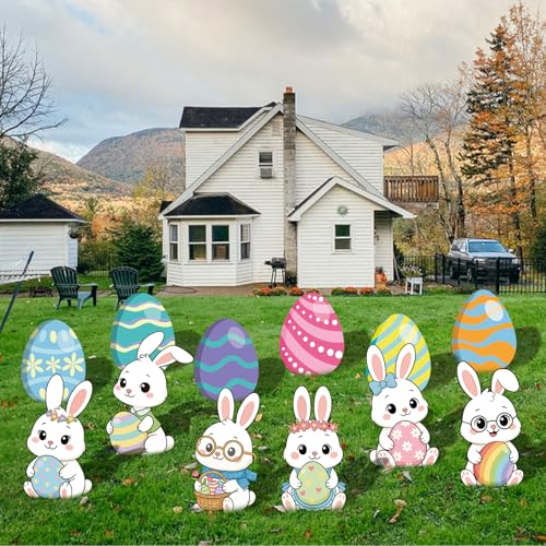 PhyLence 12-Piece Easter Bunny Yard Signs with Stakes Decorations – 6 Cute Rabbits & 6 Colorful Eggs 30 cm Large Outdoor Easter Lawn Signs for Garden, Driveway, Yard, and Spring Party Décor - Image 5