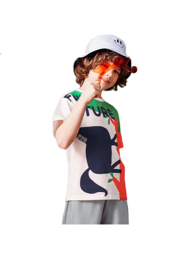 Mqd Boys' Summer Cartoon Color-Block T-Shirt, White, Size 110 - Image 3