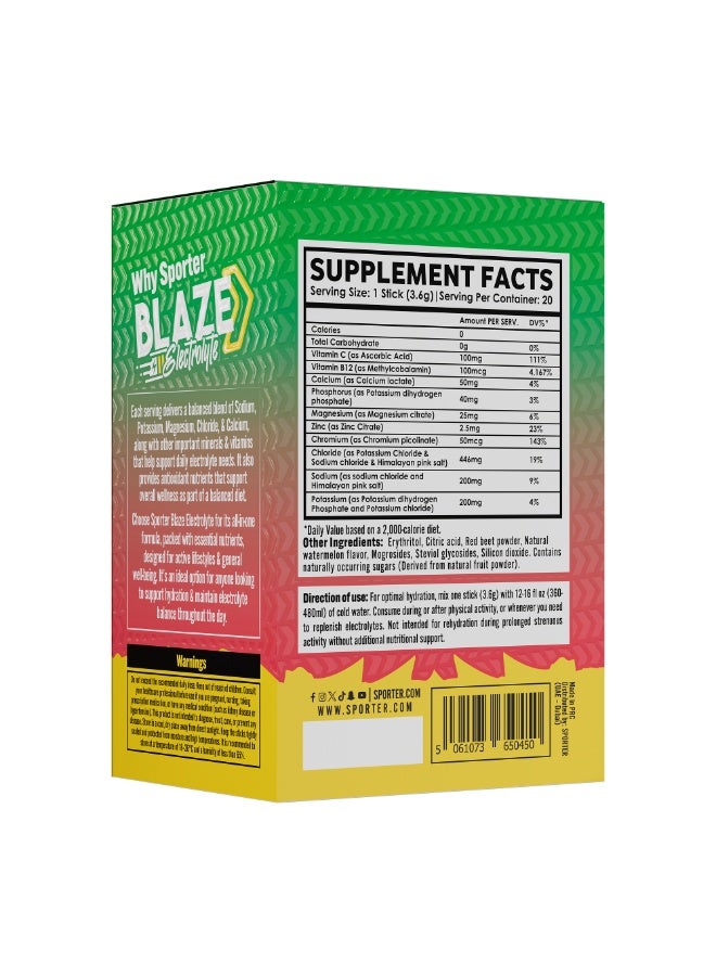 Sporter Blaze Electrolyte Watermelon Flavor – 20 Sticks, 6 Essential Electrolytes, Sugar Free Hydration Support - Image 2