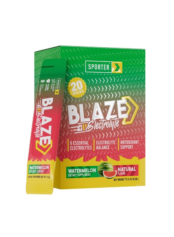 Sporter Blaze Electrolyte Watermelon Flavor – 20 Sticks, 6 Essential Electrolytes, Sugar Free Hydration Support - Image 1