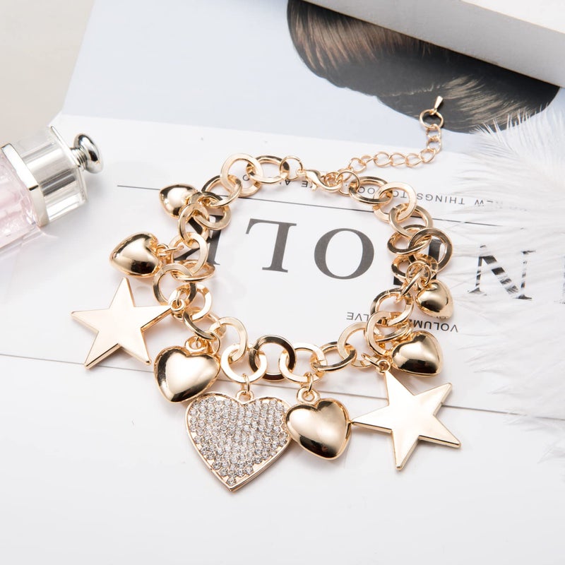 SILANER Gold Chain Link Bracelet - 7"+ 2" Extender 14K Gold Plated Love Locked Bracelets for Women and with Crystal, Love Heart,Key, Lock, Charm Bracelet - Image 2