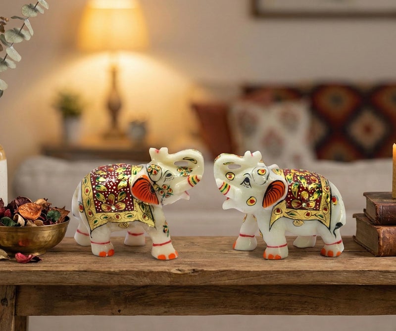ESPLANADE Marble Elephant Family - Set of 2 - Sculpture Showpiece Figurines - Home Decor - White Multi - 3" Inches (Small) - Image 2