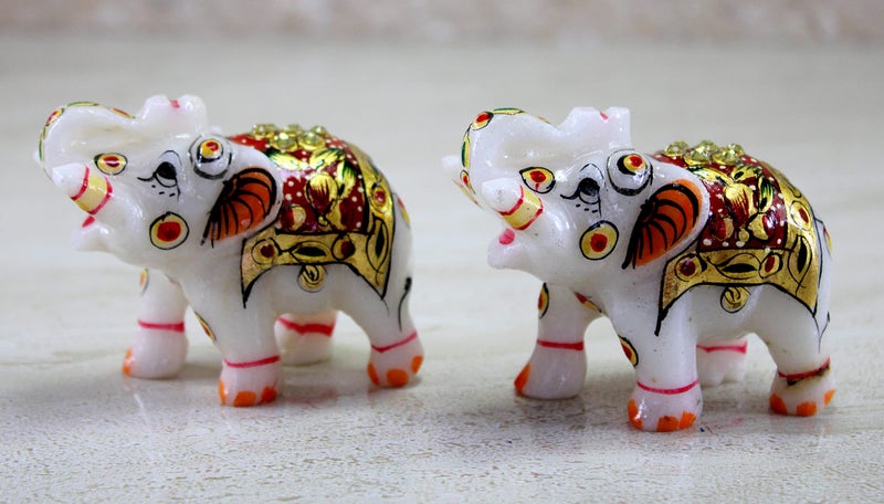 ESPLANADE Marble Elephant Family - Set of 2 - Sculpture Showpiece Figurines - Home Decor - White Multi - 3" Inches (Small) - Image 3