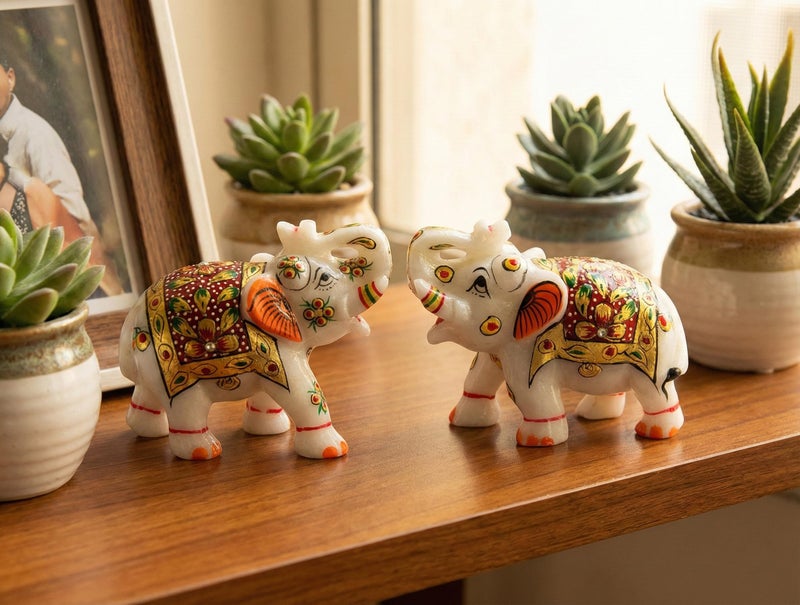 ESPLANADE Marble Elephant Family - Set of 2 - Sculpture Showpiece Figurines - Home Decor - White Multi - 3" Inches (Small) - Image 1