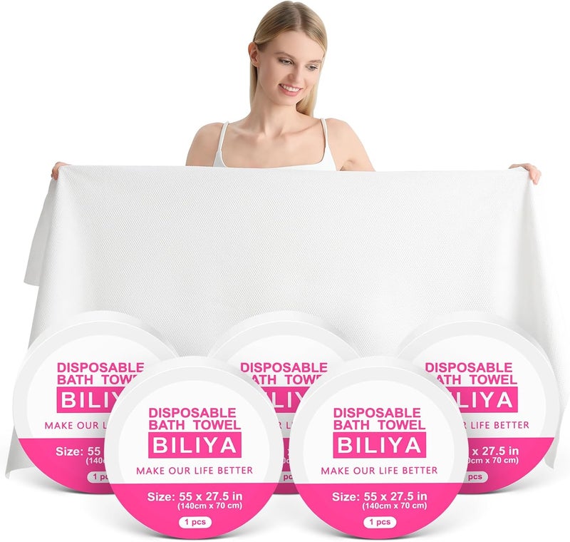 BILIYA Reusable Compressed Bath Towels, 5 Pack 55 x 27.5 in, Extra Large Towels Individually Packaged Plant Based Viscose Fiber Quick Drying, Lint-Free Travel, Camping, Gym Portable Towels - Image 1