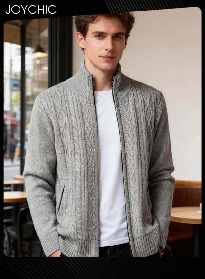 Joychic Winter Cardigan Men Casual Men Autumn Zip Thick Knitted Sweater Cardigan Pockets Warm Jacket Slim Cardigan Coat Light Grey - Image 1