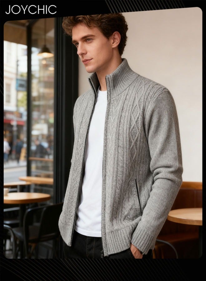 Joychic Winter Cardigan Men Casual Men Autumn Zip Thick Knitted Sweater Cardigan Pockets Warm Jacket Slim Cardigan Coat Light Grey - Image 2