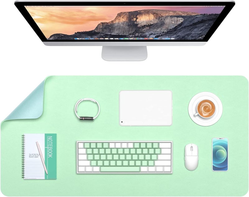 Hsurbtra Desk Pad, 30" x 14" Dual Side PU Leather Desk Mat, Waterproof Non-Slip Desktop Blotter Protector, Large Mouse Pad for Laptop Keyboard Office Home, Green and Blue - Image 1