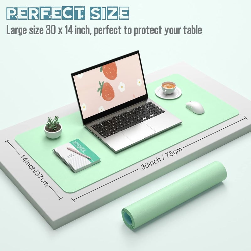 Hsurbtra Desk Pad, 30" x 14" Dual Side PU Leather Desk Mat, Waterproof Non-Slip Desktop Blotter Protector, Large Mouse Pad for Laptop Keyboard Office Home, Green and Blue - Image 2