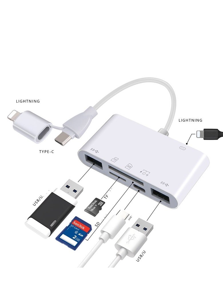 Multi-Function Card Reader Dual Head 8-in-1 【 Read TF+SD+2USB+Type-C+Lightn Charging 】