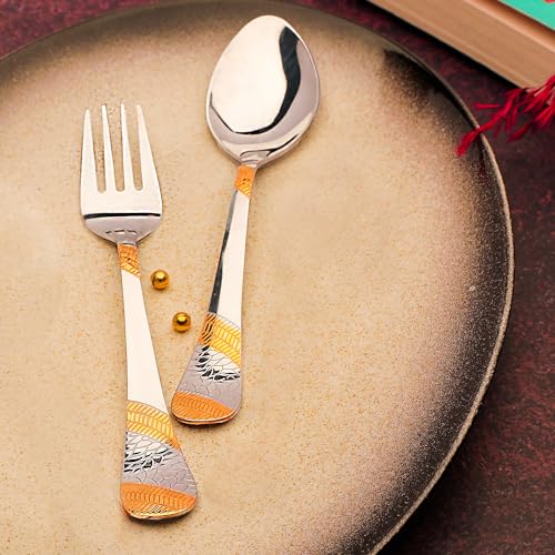Parage 12 Pieces Stainless Steel 24k Golden Spoon & Fork Set,18.5cm Each, Premium Cutlery Set for Home & Kitchen, 24 Karat Gold Plated Flatware, Dining (6 Table Spoons & 6 Table Forks) - Image 4