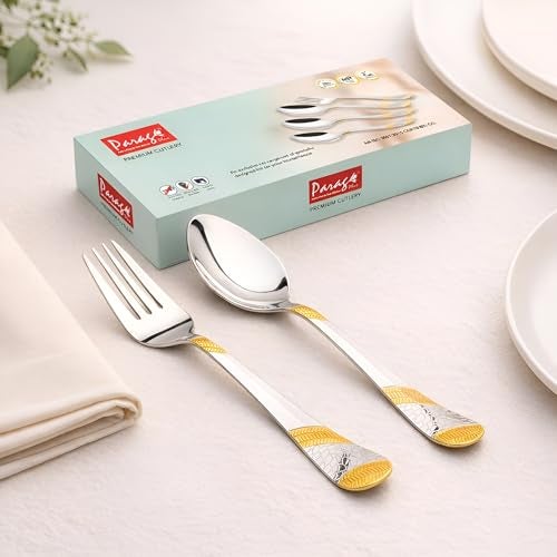Parage 12 Pieces Stainless Steel 24k Golden Spoon & Fork Set,18.5cm Each, Premium Cutlery Set for Home & Kitchen, 24 Karat Gold Plated Flatware, Dining (6 Table Spoons & 6 Table Forks) - Image 1