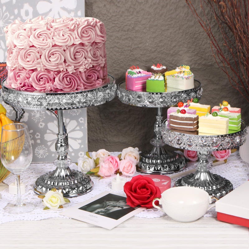 LEIFEOSH 12-Piece Silver Cake Stand Set, Vintage Cake Stand with Crystal Edge and Cupcake Display Tray, Dessert Table Display Set for Wedding, Party, Baby Shower, Anniversary Celebration - Image 2