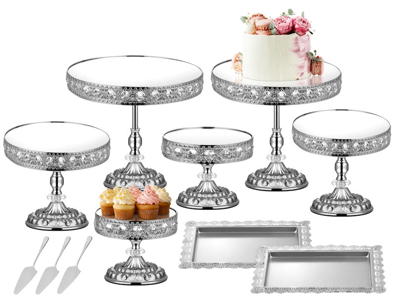 LEIFEOSH 12-Piece Silver Cake Stand Set, Vintage Cake Stand with Crystal Edge and Cupcake Display Tray, Dessert Table Display Set for Wedding, Party, Baby Shower, Anniversary Celebration - Image 1