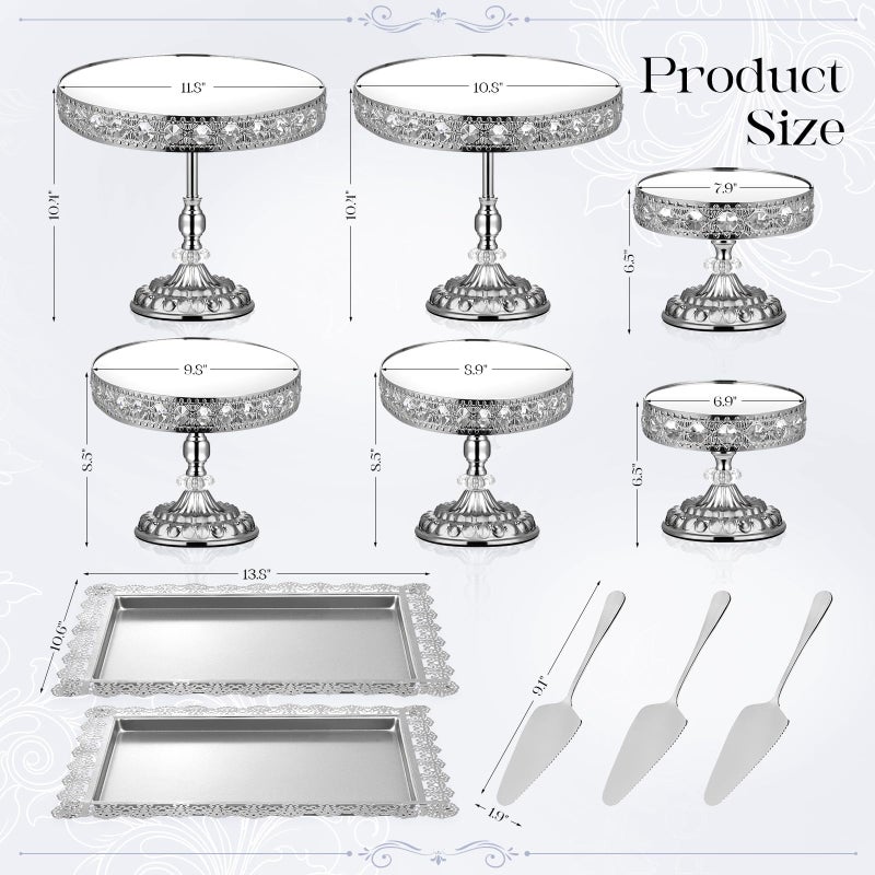LEIFEOSH 12-Piece Silver Cake Stand Set, Vintage Cake Stand with Crystal Edge and Cupcake Display Tray, Dessert Table Display Set for Wedding, Party, Baby Shower, Anniversary Celebration - Image 4