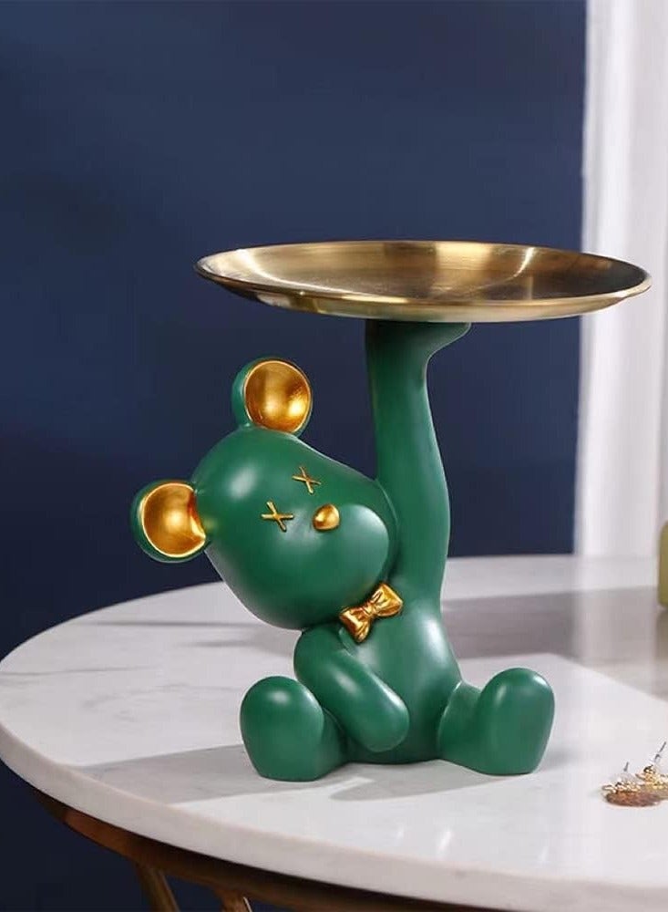 Home Decor Resin Figurine - Cartoonish Cute Grizzly Bear Hand Plate Figurine, Entryway Foyer Key Holder Organizer for Desktop(Green) 