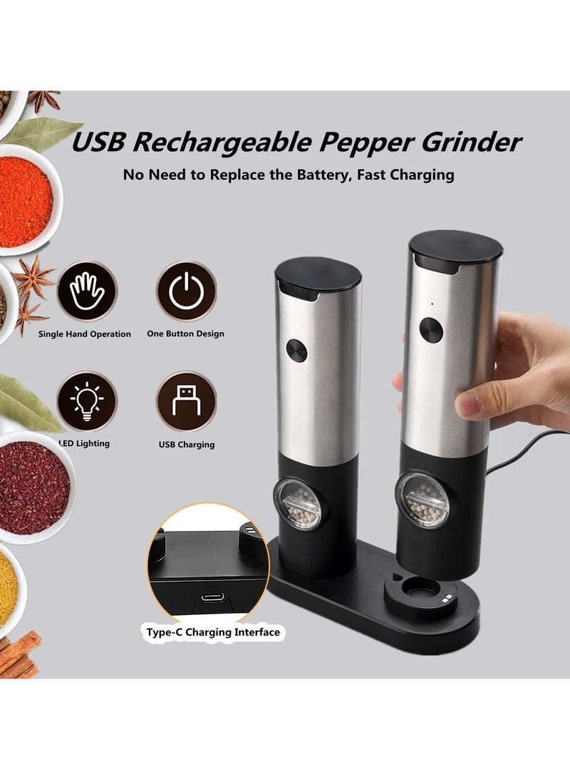 Cuken - 2 Piece Electric Salt and Pepper Grinder Set, Rechargeable Pepper Grinder with USB Rechargeable Base, Ajustable Grind Coarseness with LED Light - Image 1