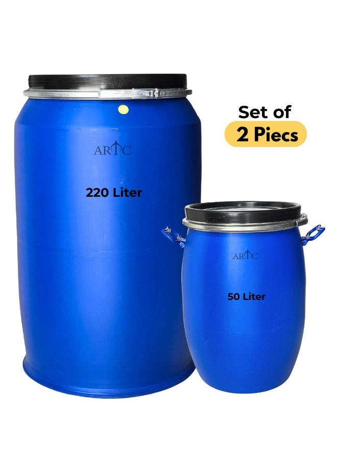 ARTC 220L & 50L Blue Plastic Drum Set (2 Pieces) – Premium Heavy Duty HDPE Storage Barrels, Round Jerrycan with Airtight Sealed Lid, Leakproof & UV Resistant | Food Grade & Chemical Safe Containers for Water, Oil, Perfume, Oud, Liquid, Dry Goods | Large Capacity Reusable Industrial Drums for Bulk Storage, Shipping, Warehouses, Factories, Shops & Commercial Use - Image 1